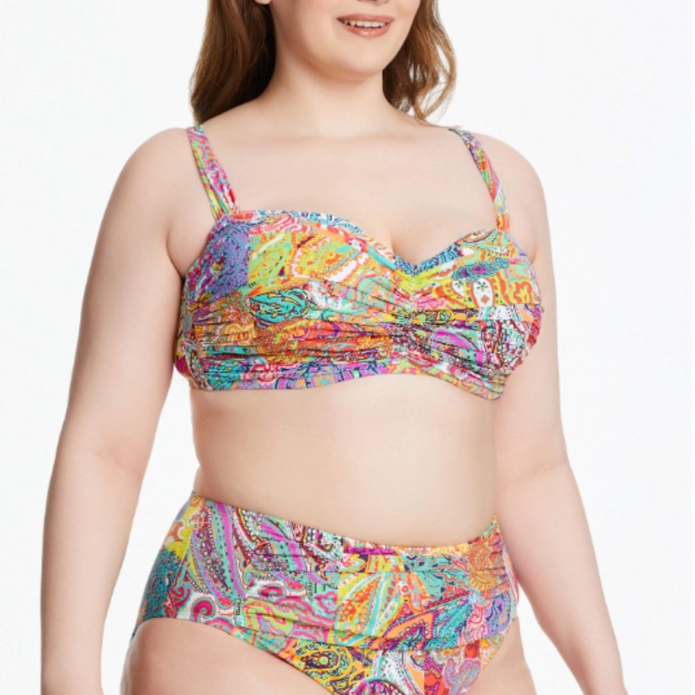SHIRRED BANDEAU BIKINI TOP AND BOTTOMS, PLUS, 16W